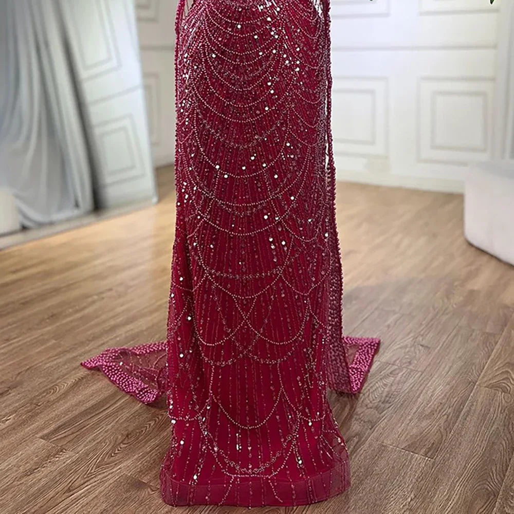 Vestido de noche de lujo con mangas de capa, estilo sirena azul, con cuentas, para ocasiones formales (LA72160A), Arabia Saudita, 2025 