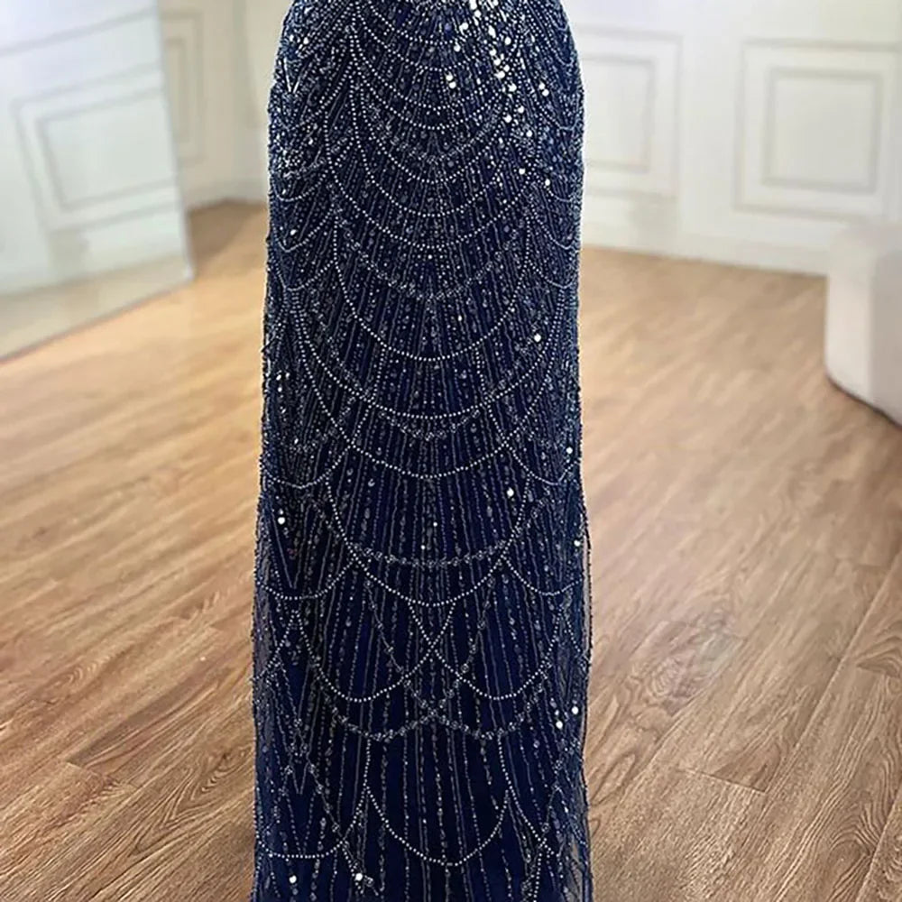 Vestido de noche de lujo con mangas de capa, estilo sirena azul, con cuentas, para ocasiones formales (LA72160A), Arabia Saudita, 2025 