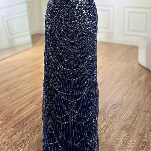 Robe de soirée luxueuse à manches cape et perles, style sirène, bleu saoudien, pour une occasion spéciale, LA72160A, 2025 