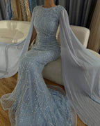 Vestido de noche de lujo con mangas de capa, estilo sirena azul, con cuentas, para ocasiones formales (LA72160A), Arabia Saudita, 2025 