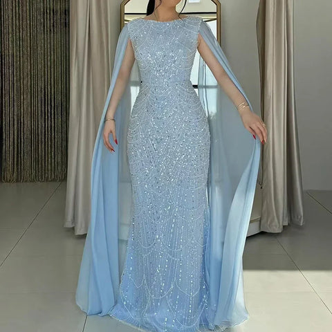 Robe de soirée luxueuse à manches cape et perles, style sirène, bleu saoudien, pour une occasion spéciale, LA72160A, 2025 