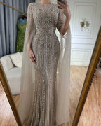Vestido de noche de lujo con cuentas, estilo sirena, elegante, con mangas capa, color caramelo, para ocasiones formales (LA72775) 