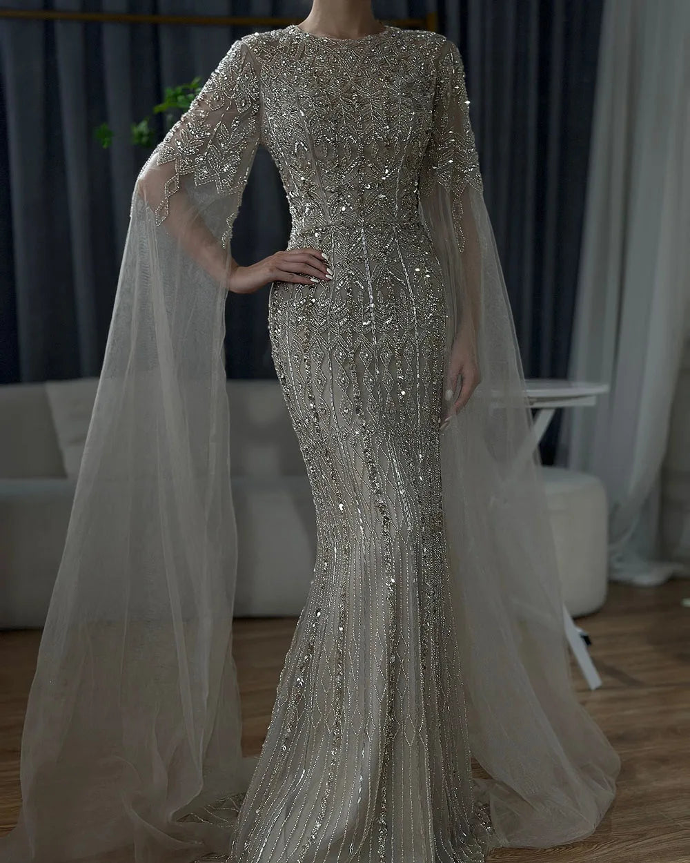 Vestido de noche de lujo con cuentas, estilo sirena, elegante, con mangas capa, color caramelo, para ocasiones formales (LA72775) 