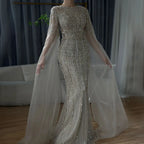 Vestido de noche de lujo con cuentas, estilo sirena, elegante, con mangas capa, color caramelo, para ocasiones formales (LA72775) 