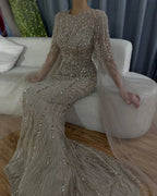 Vestido de noche de lujo con cuentas, estilo sirena, elegante, con mangas capa, color caramelo, para ocasiones formales (LA72775) 
