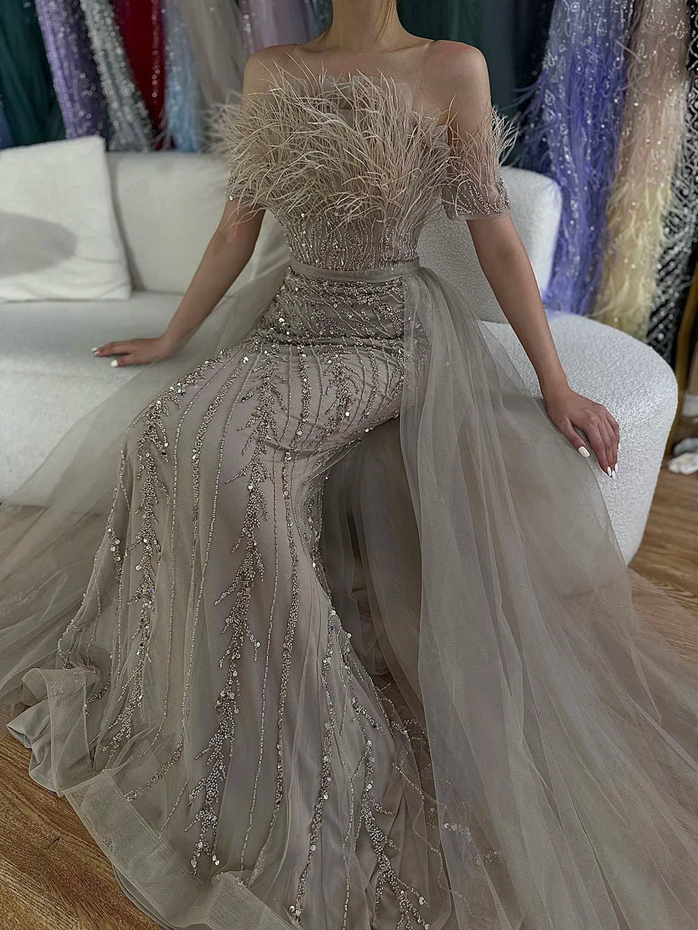 Vestidos de noche elegantes de sirena color caramelo con cuentas, estilo árabe saudí, con sobrefalda para ocasiones formales LA71634A