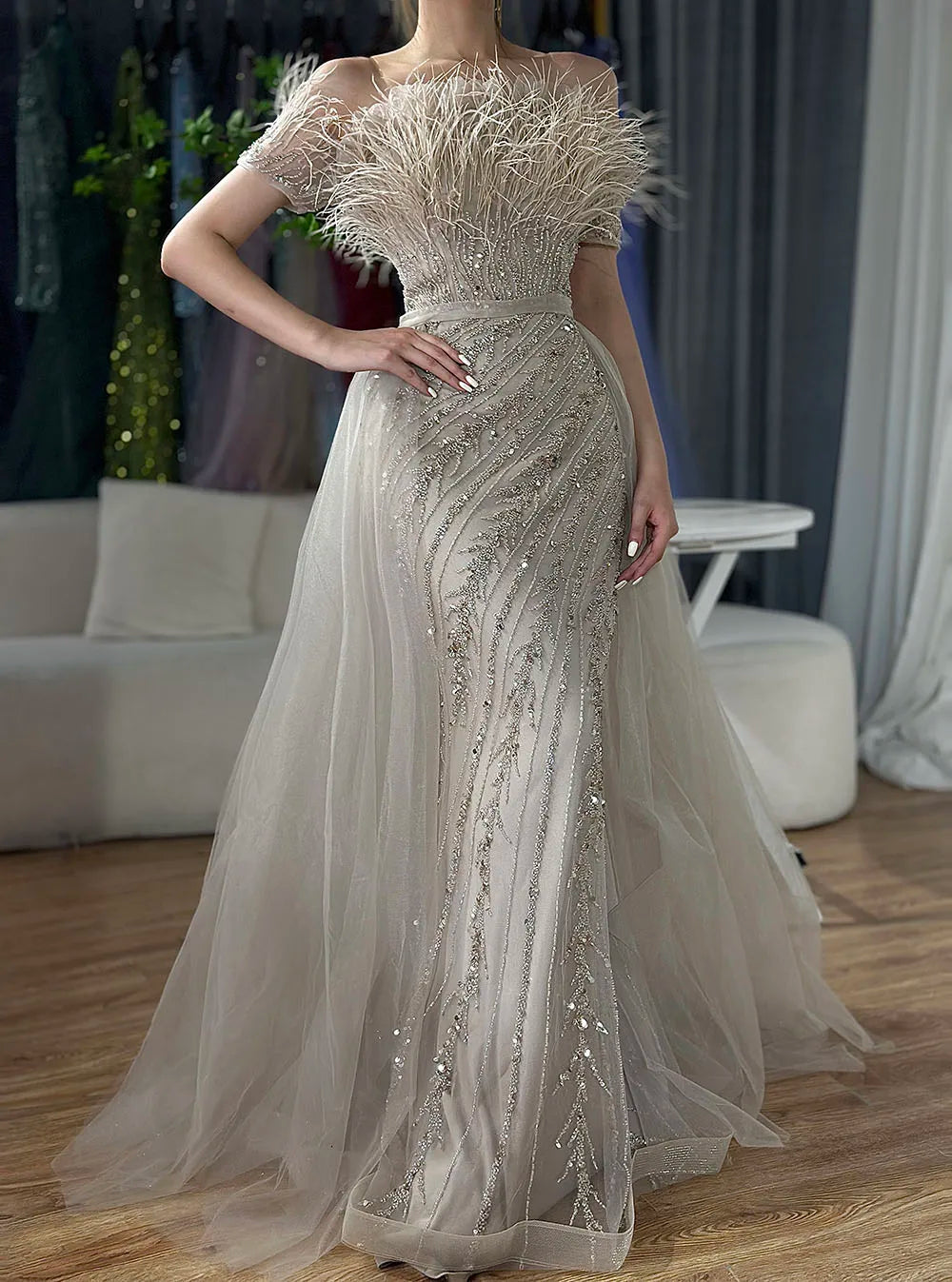 Vestidos de noche elegantes de sirena color caramelo con cuentas, estilo árabe saudí, con sobrefalda para ocasiones formales LA71634A