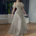 Vestidos de noche elegantes de sirena color caramelo con cuentas, estilo árabe saudí, con sobrefalda para ocasiones formales LA71634A