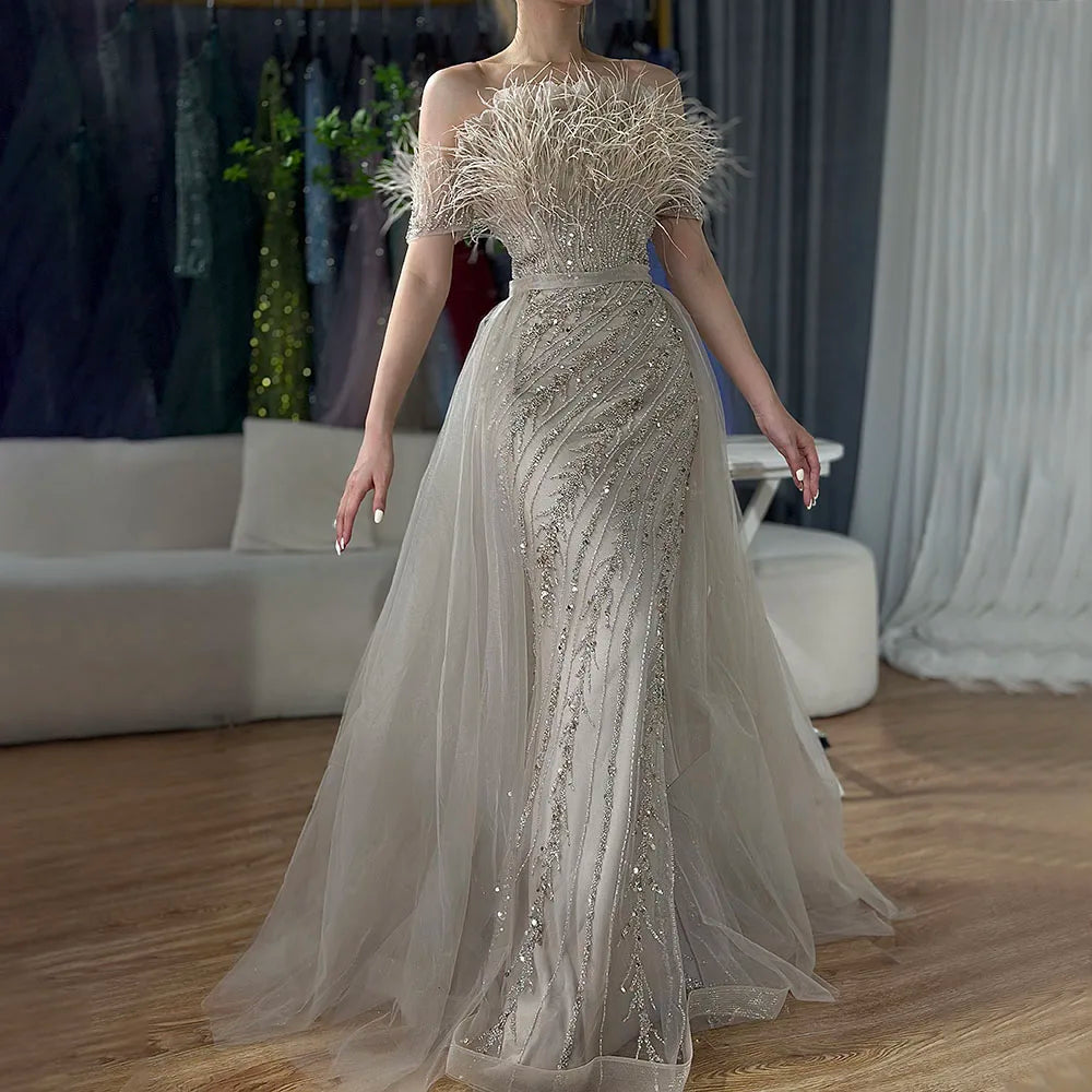 Vestidos de noche elegantes de sirena color caramelo con cuentas, estilo árabe saudí, con sobrefalda para ocasiones formales LA71634A