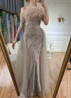 Vestidos de noche elegantes de sirena color caramelo con cuentas, estilo árabe saudí, con sobrefalda para ocasiones formales LA71634A