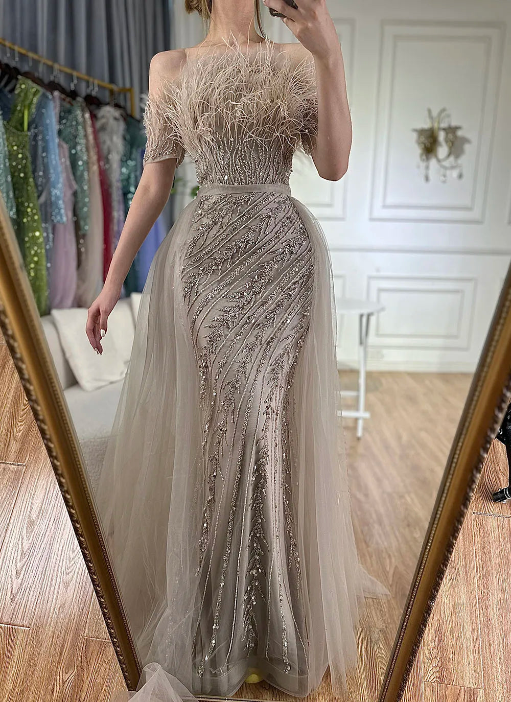 Vestidos de noche elegantes de sirena color caramelo con cuentas, estilo árabe saudí, con sobrefalda para ocasiones formales LA71634A