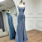 Vestido de noche largo de sirena elegante con tirantes finos y abertura, color azul saudí, modelo LA72720 (2025) 