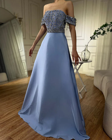 Robe de soirée longue bleue élégante, style saoudien, épaules dénudées, coupe trapèze, ornée de perles, pour une occasion formelle, LA72753, 2025 