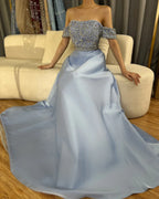 Vestido de noche largo azul elegante de Arabia Saudita, corte en A, con hombros descubiertos y cuentas, para ocasiones formales LA72753 