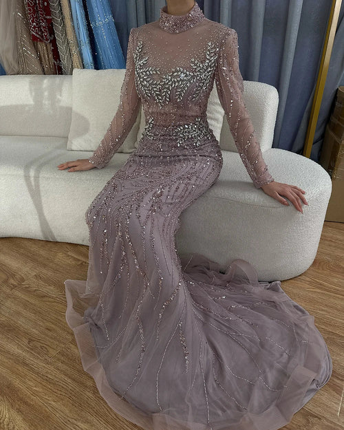 2025 Saudi Arabic Elegant Pink Mermaid Beaded Long Evening Gown for Formal Occasion LA72754