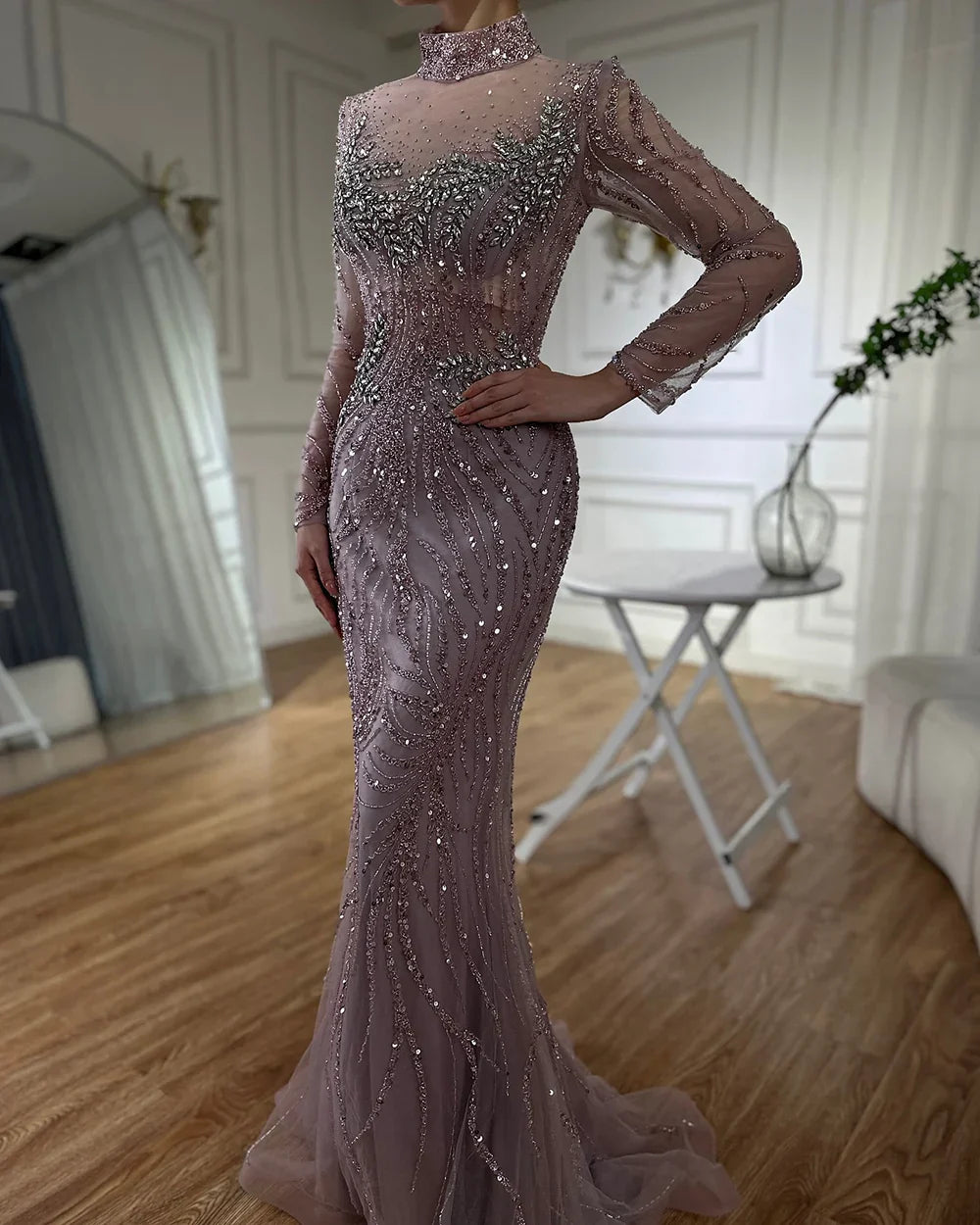 Vestido de noche largo de sirena rosa elegante con cuentas, estilo saudí, para ocasiones formales LA72754 (2025) 