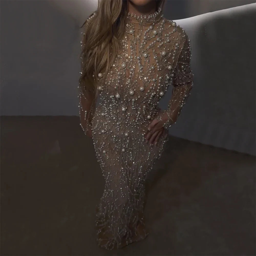 Vestido de noche de sirena color nude con perlas y cuentas, estilo saudí de lujo, para ocasiones formales (LA72345A) 