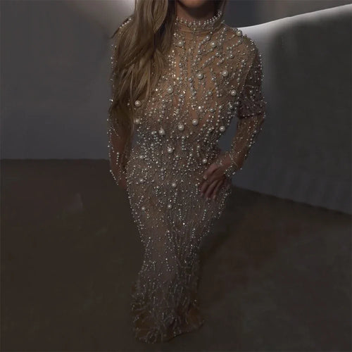 2025 Saudi Arabic Luxury Pearls Beaded Nude Mermaid Evening Gown for Formal Occasion LA72345A