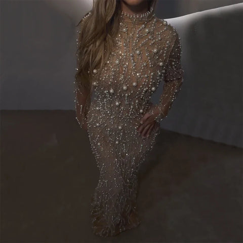 Robe de soirée sirène couleur chair, luxueuse, ornée de perles, style arabo-saoudien, pour une occasion spéciale, LA72345A, 2025 