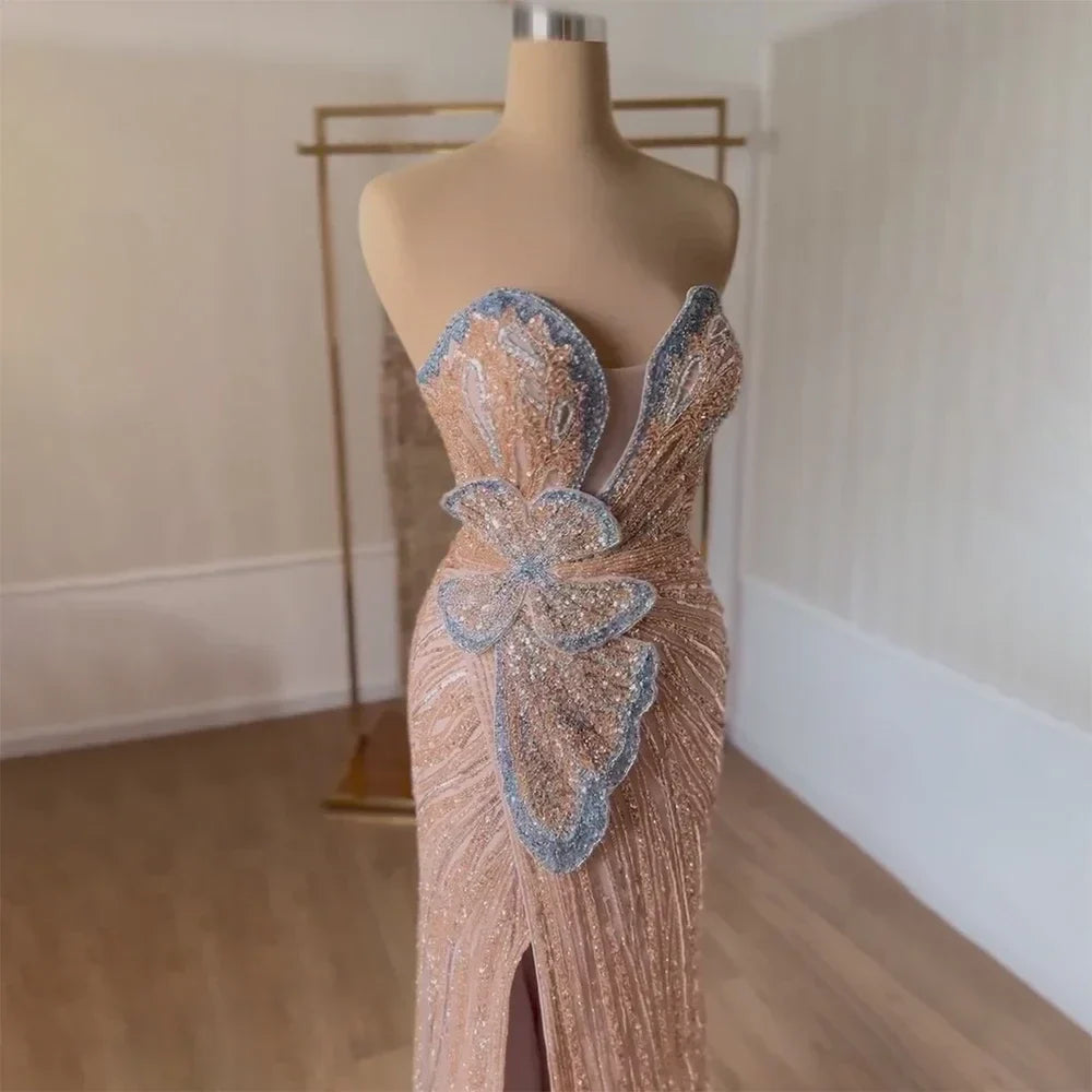 Vestido de noche de sirena rosa sin tirantes con abertura alta para ocasiones formales LA72480 (modelo saudí 2025) 