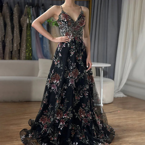 Vestido de fiesta de lujo negro con tirantes finos, corte en A y cuentas, modelo LA72773, para ocasiones formales (2025). 