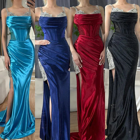 Robe de soirée en satin rouge vin à bretelles spaghetti et fente haute, style arabe saoudien, modèle LA72776, 2025 