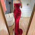 Vestido de noche de satén rojo vino con tirantes finos y abertura alta, estilo saudí, para ocasiones formales (LA72776) 