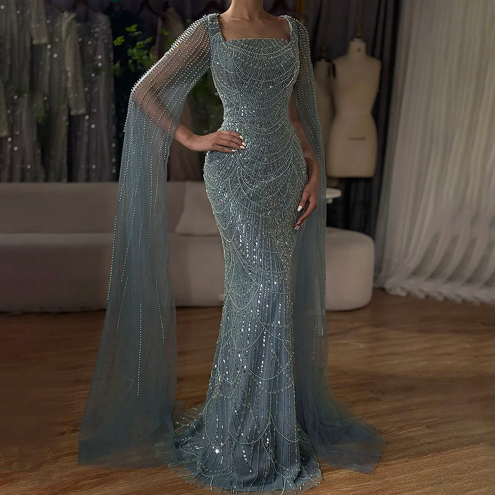 Vestido de noche de sirena color turquesa de Arabia Saudita, con mangas tipo capa con perlas y cuentas, ideal para ocasiones formales (LA72590A) 