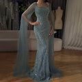 Vestido de noche de sirena color turquesa de Arabia Saudita, con mangas tipo capa con perlas y cuentas, ideal para ocasiones formales (LA72590A) 