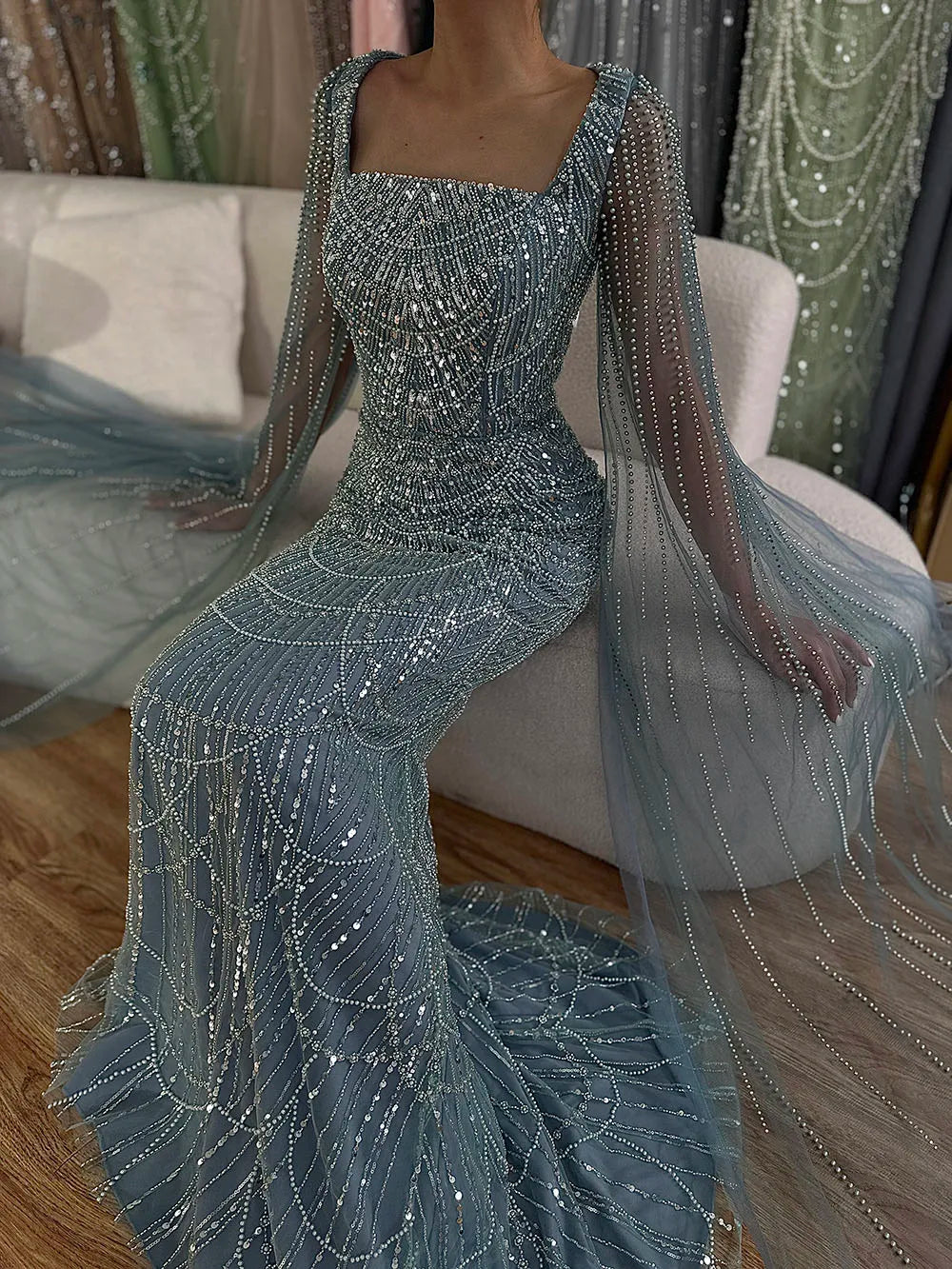 Vestido de noche de sirena color turquesa de Arabia Saudita, con mangas tipo capa con perlas y cuentas, ideal para ocasiones formales (LA72590A) 