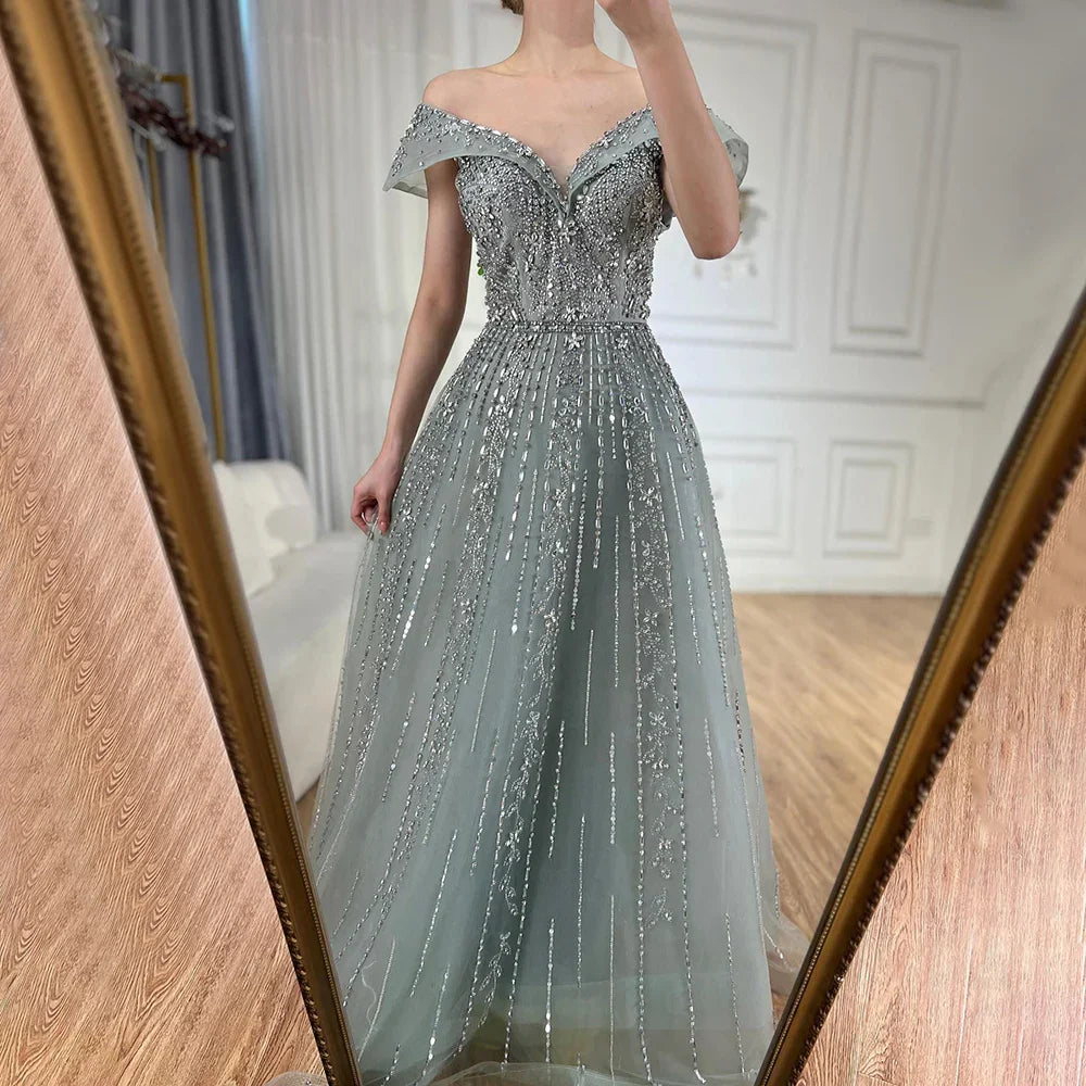 Vestidos de noche corte A con diseño de cuentas grises estilo árabe 2025 para ocasiones formales LA72731 