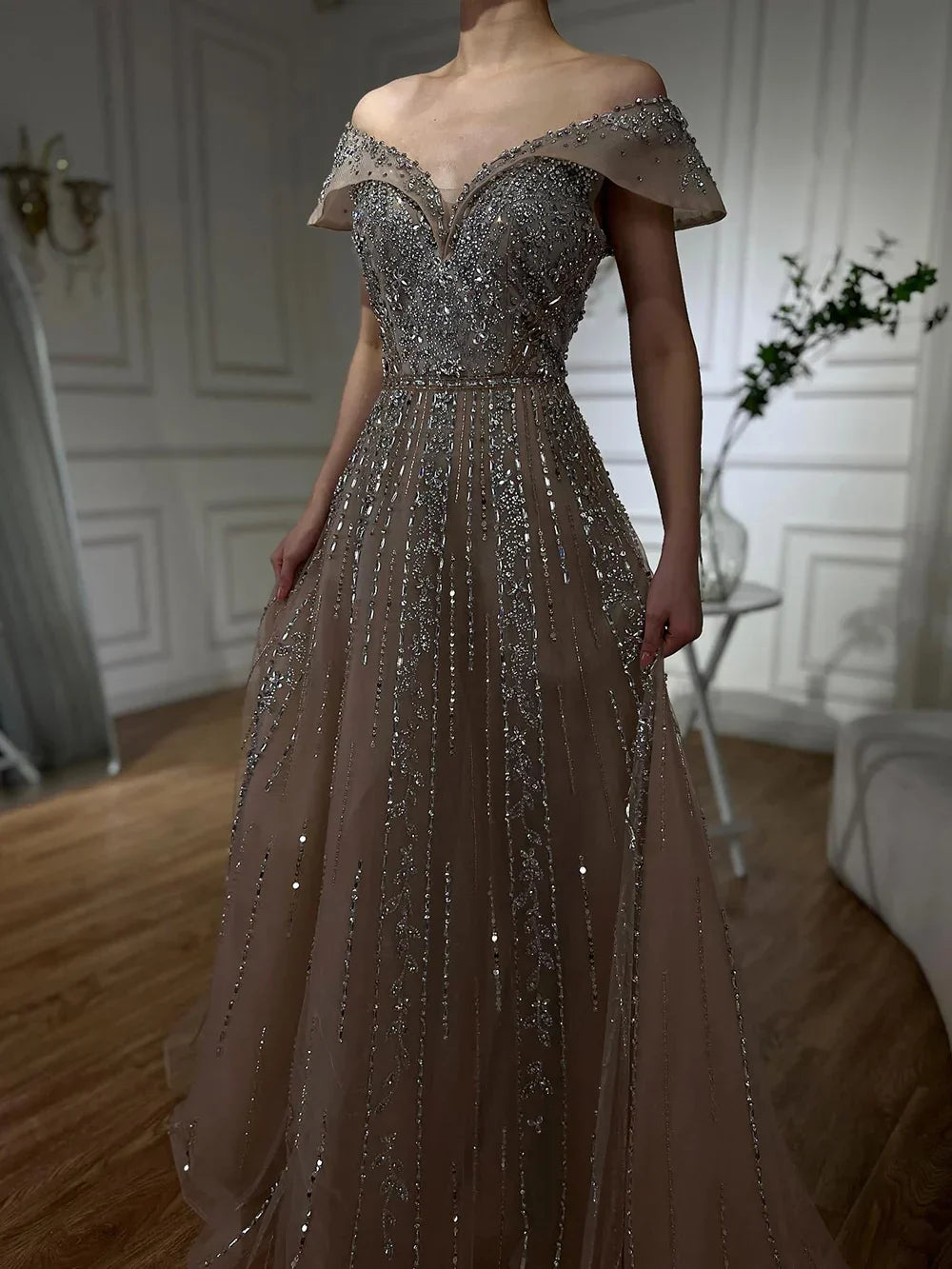 Vestidos de noche corte A con diseño de cuentas grises estilo árabe 2025 para ocasiones formales LA72731 