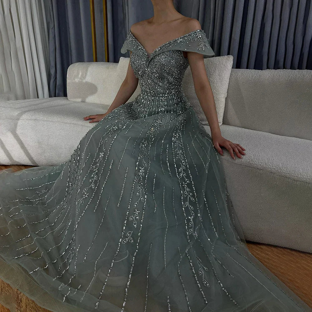 Vestidos de noche corte A con diseño de cuentas grises estilo árabe 2025 para ocasiones formales LA72731 