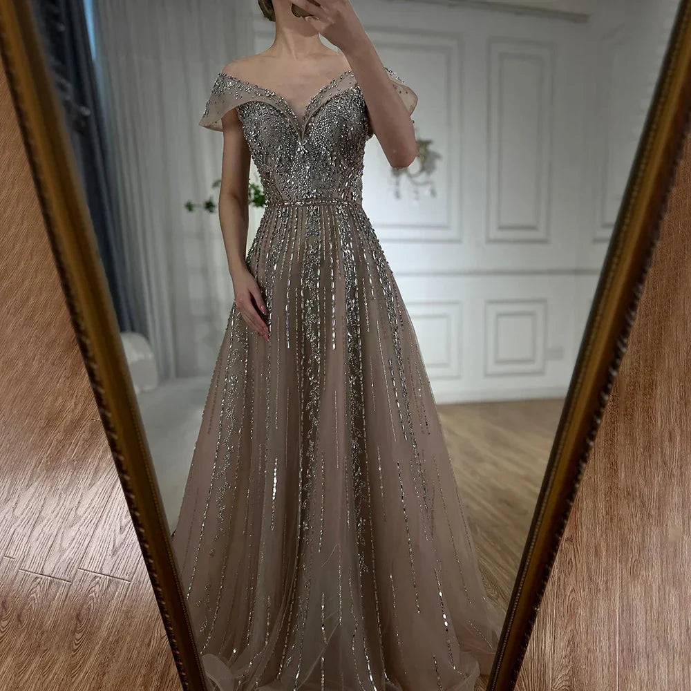 Vestidos de noche corte A con diseño de cuentas grises estilo árabe 2025 para ocasiones formales LA72731 