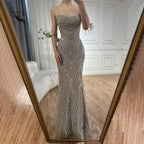 Vestido de noche árabe de sirena con tirantes finos y cuentas color caramelo, modelo LA72733, para ocasiones formales (2025) 