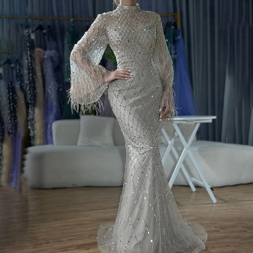 Luxury Beaded Feathers Sage Green Evening Dress Long Sleeves LA72394A