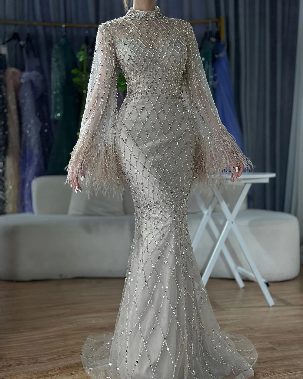 Luxury Beaded Feathers Sage Green Evening Dress Long Sleeves LA72394A