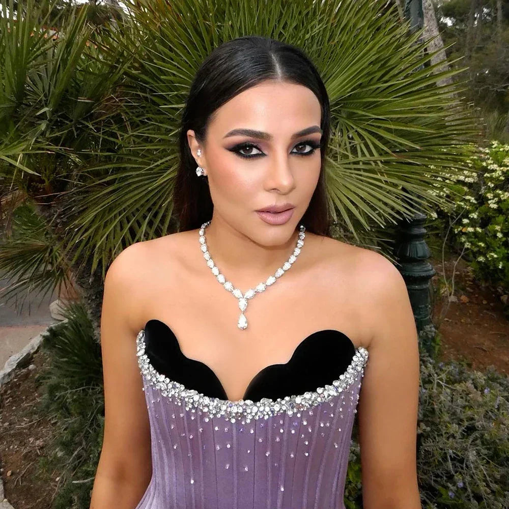 Vestido de noche de dos piezas de satén color lila saudí, corte en A, para mujer, con corsé sin tirantes para ocasiones formales LA72765 