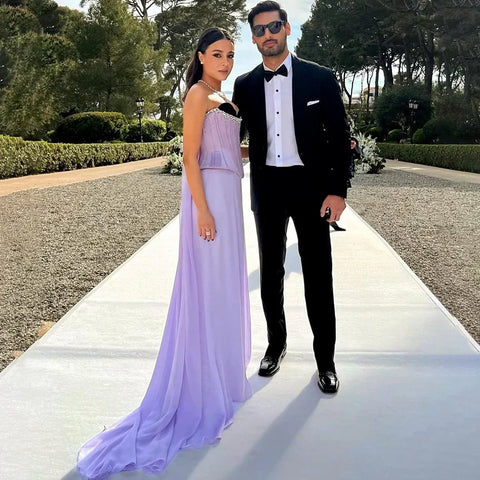 Robe de soirée trapèze deux pièces en satin lilas saoudien 2025 pour femme, sans bretelles, corset pour une occasion formelle, LA72765 