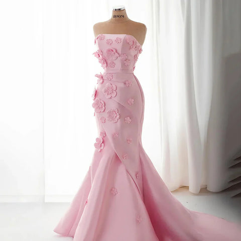 Pink 3D Flowers Mermaid Evening Dress with Detachable Overskirt LA72740