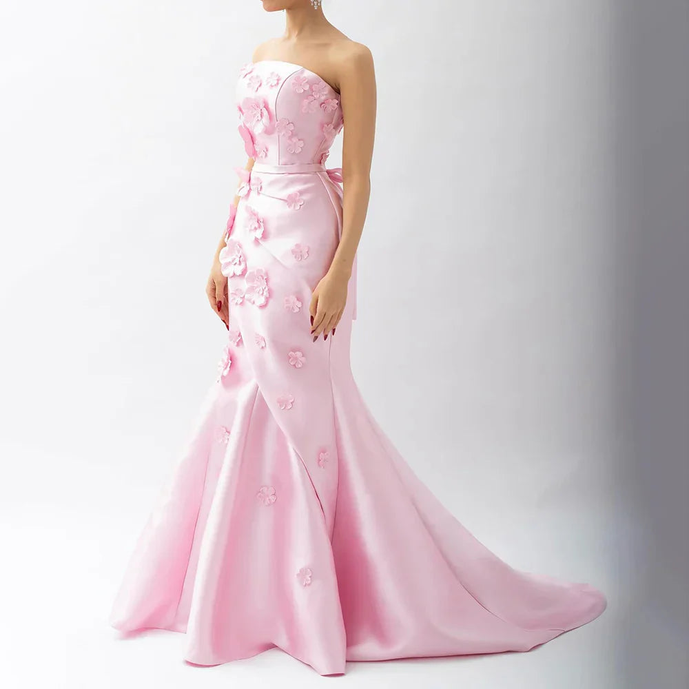 Pink 3D Flowers Mermaid Evening Dress with Detachable Overskirt LA72740