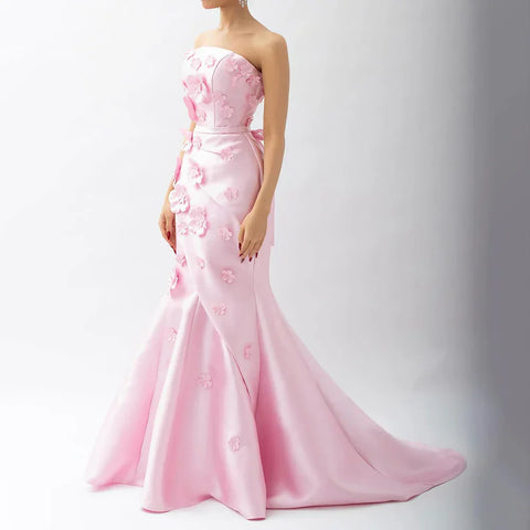 Pink 3D Flowers Mermaid Evening Dress with Detachable Overskirt LA72740