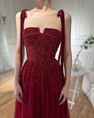 Luxury Saudi Wine Red Beaded Evening Gown Spaghetti Strap Floor-Length for Formal Occasion LA70600A