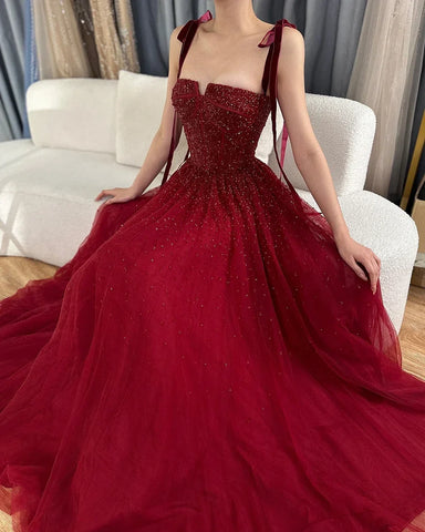 Luxury Saudi Wine Red Beaded Evening Gown Spaghetti Strap Floor-Length for Formal Occasion LA70600A