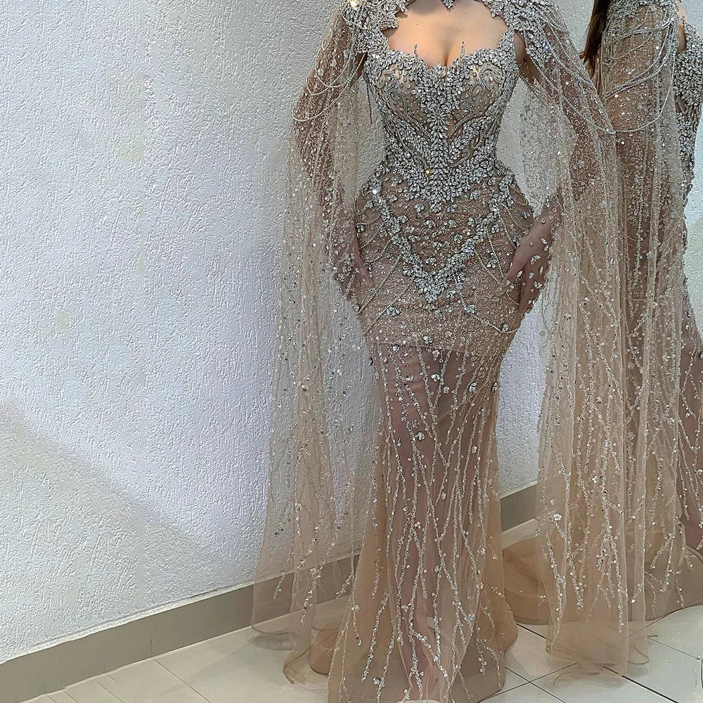 Vestido de noche sirena color nude 2025 con mangas de capa desmontables con cuentas de cristal, ideal para ocasiones formales LA72539 