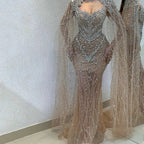 Vestido de noche sirena color nude 2025 con mangas de capa desmontables con cuentas de cristal, ideal para ocasiones formales LA72539 