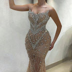 Vestido de noche sirena color nude 2025 con mangas de capa desmontables con cuentas de cristal, ideal para ocasiones formales LA72539 
