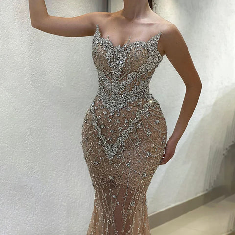 Robe de soirée sirène nude 2025 avec cape amovible en cristal et perles, pour une occasion formelle, LA72539 