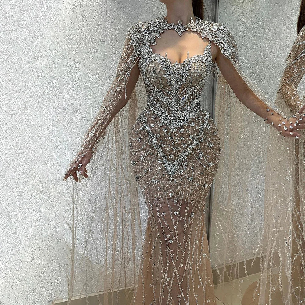 Vestido de noche sirena color nude 2025 con mangas de capa desmontables con cuentas de cristal, ideal para ocasiones formales LA72539 