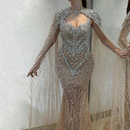 Vestido de noche sirena color nude 2025 con mangas de capa desmontables con cuentas de cristal, ideal para ocasiones formales LA72539 